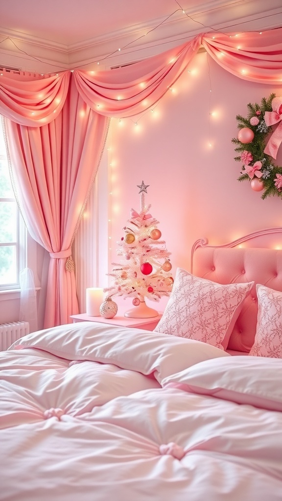 A cozy pink Christmas bedroom with festive decorations, including pink bedding and a small Christmas tree.